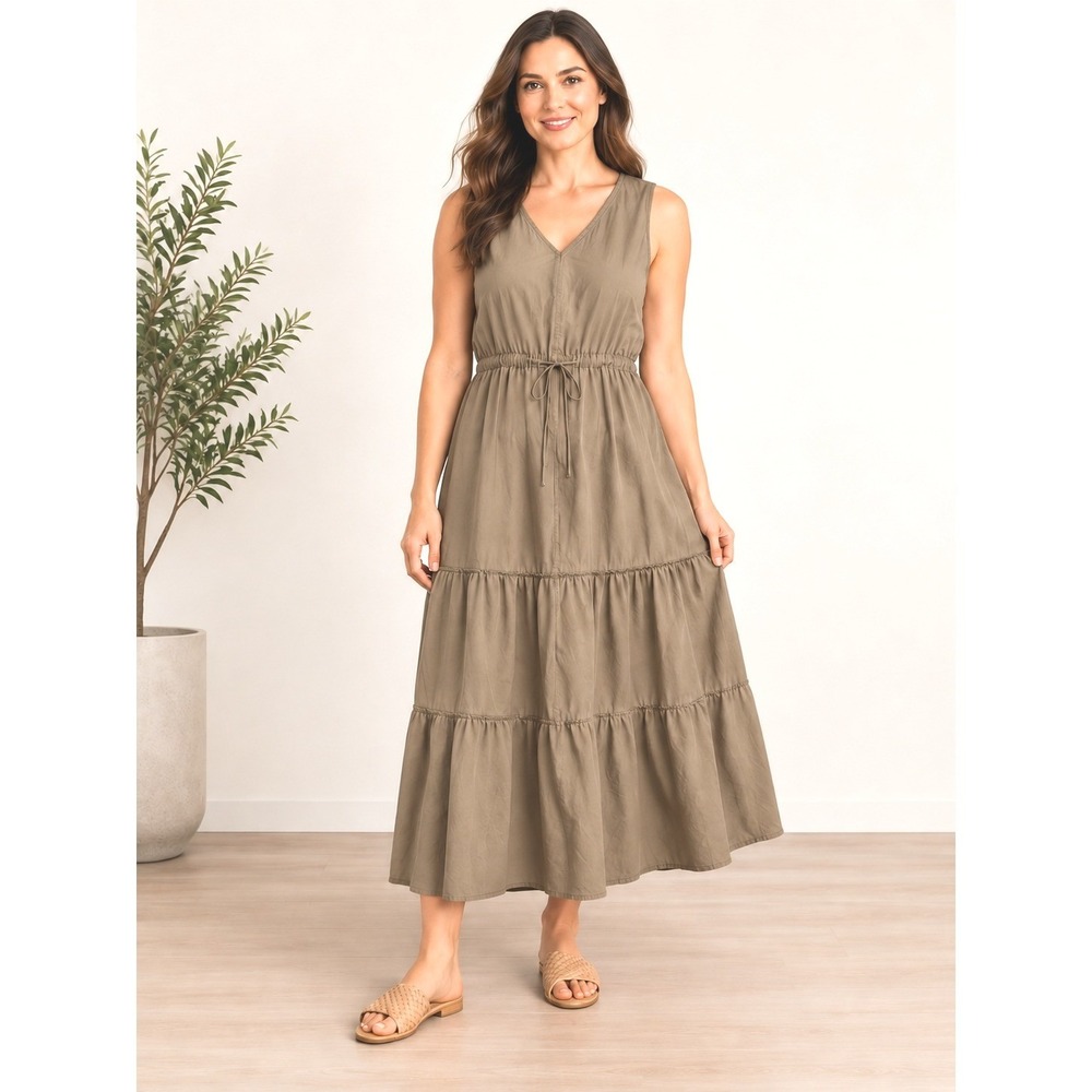 Earth Tone Tiered Maxi Dress Womens Large Brown Sleeveless V-Neck Drawstring